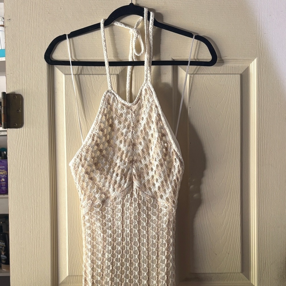 Guess Cream Halter Neck Crochet Dress